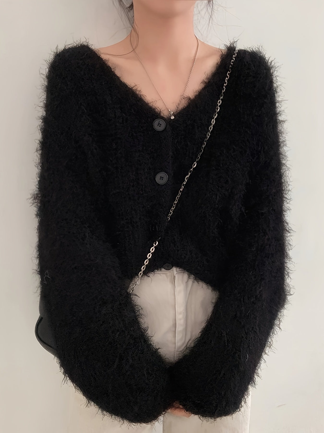 Women's Cozy V-Neck Sweater Coat Imitation Mink Cardigan - Loose Fit Long Sleeve Medium Stretch Fall Winter Casual Outerwear, Cute Sweater, Seasonal Wardrobe, Relaxed Silhouette, Soft Fabric, Casual Attire