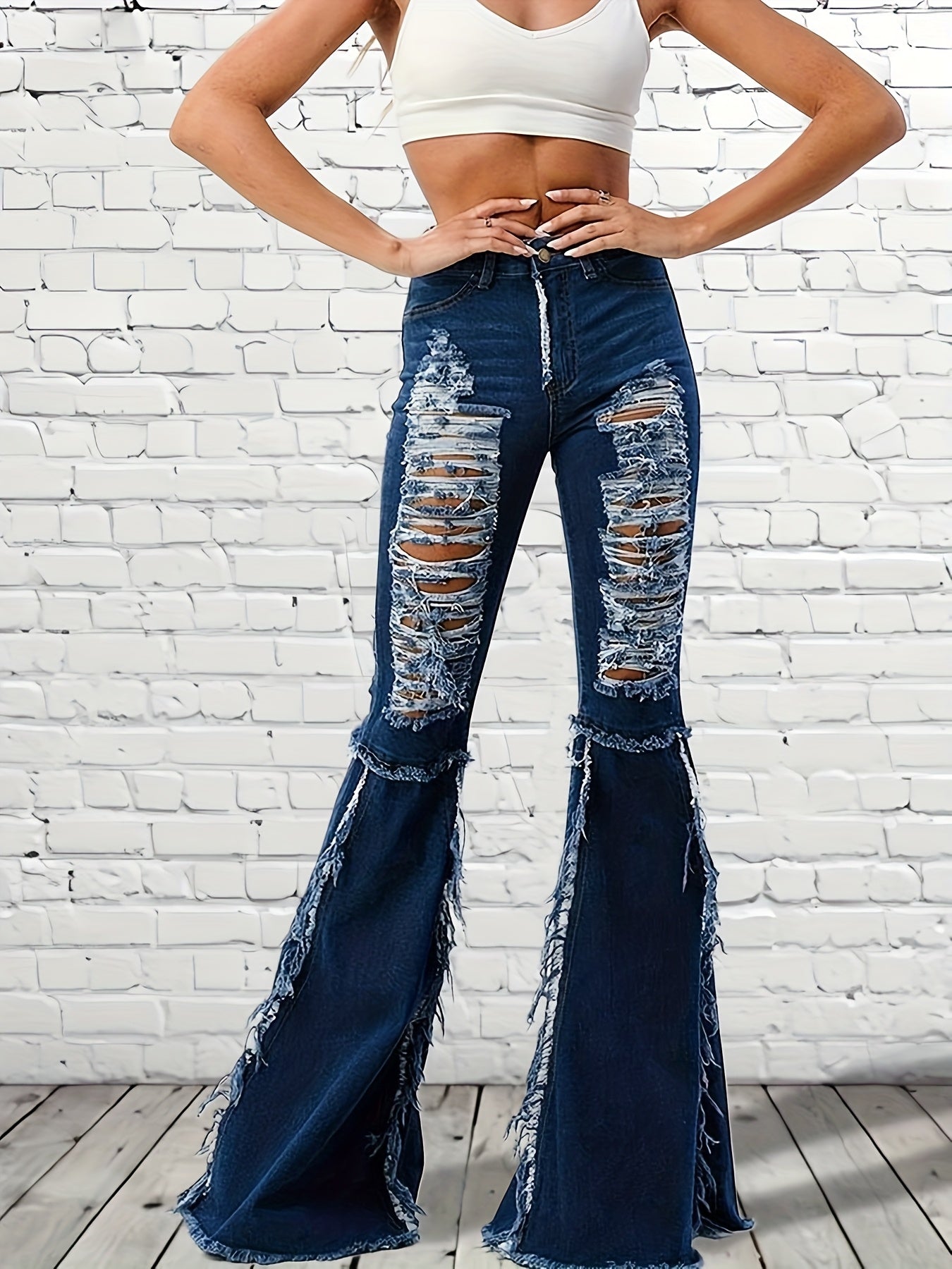 High-Waisted Fringed Ripped Jeans with Irregular Edges & Slim Fit Flared Bell-Bottoms