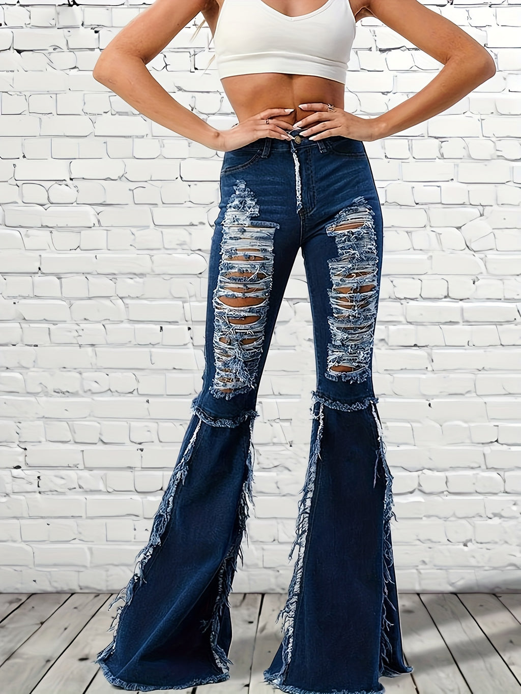 High-Waisted Fringed Ripped Jeans with Irregular Edges & Slim Fit Flared Bell-Bottoms