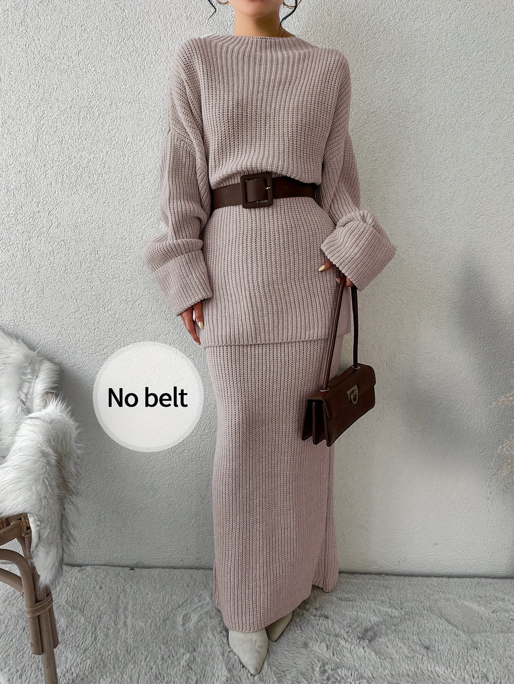 Drop Shoulder Ribbed Crew Neck Sweater Set and Maxi Dress