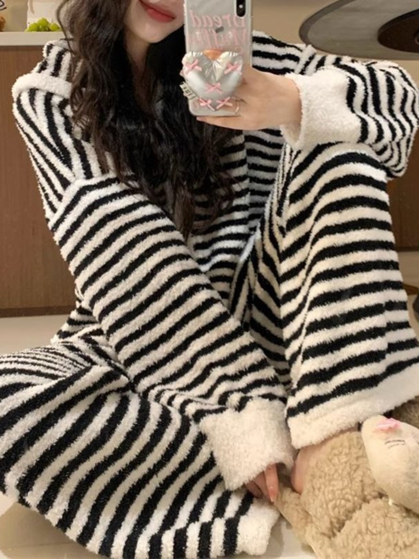 Winter Hooded Striped Pajama Set for Women, Cozy Wearable Loungewear