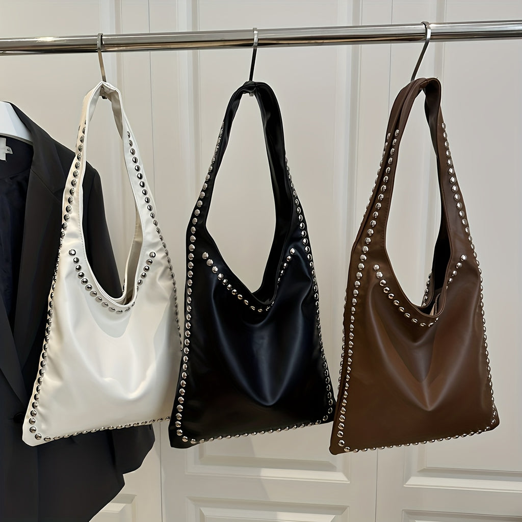 Women's Retro Punk Gothic Handbag - Edgy Shoulder Tote with Zipper Closure, White/Black Handheld Bag, Punk Style Purse for Casual & Formal Outfits, Durable Everyday Shoulder Bag