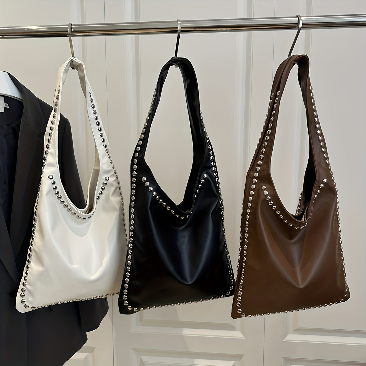 Women's Retro Punk Gothic Handbag - Edgy Shoulder Tote with Zipper Closure, White/Black Handheld Bag, Punk Style Purse for Casual & Formal Outfits, Durable Everyday Shoulder Bag