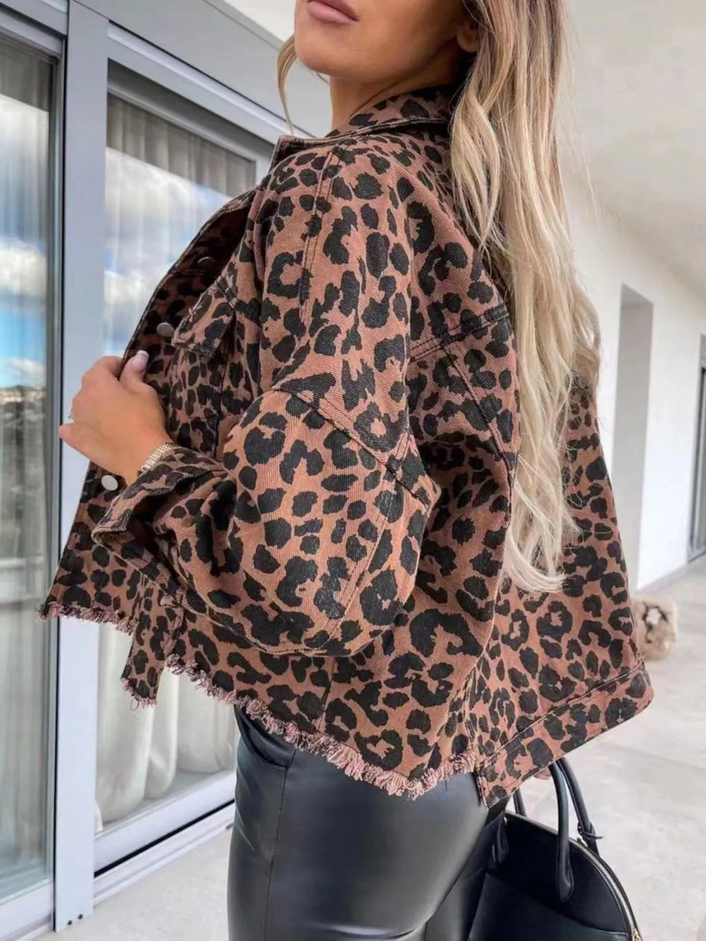 Leopard Print Raw Hem Denim Jacket