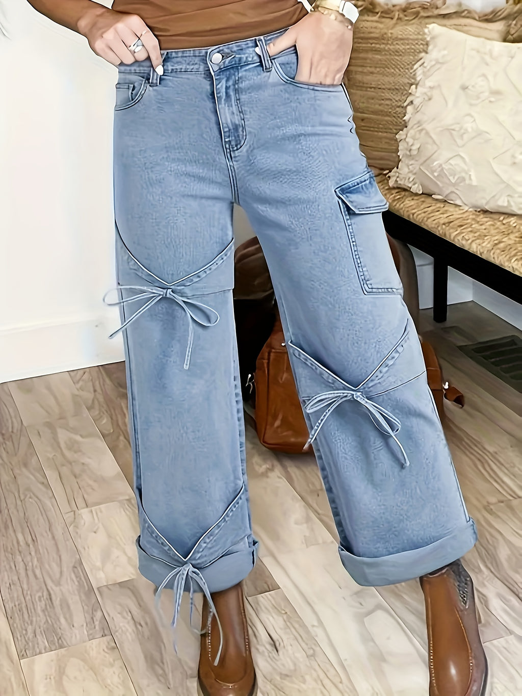 High-Waisted Straight Leg Jean with Bow Accent