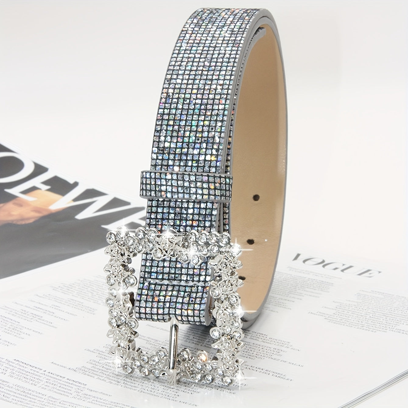 Rhinestone PU Leather Belt with Metallic Buckle