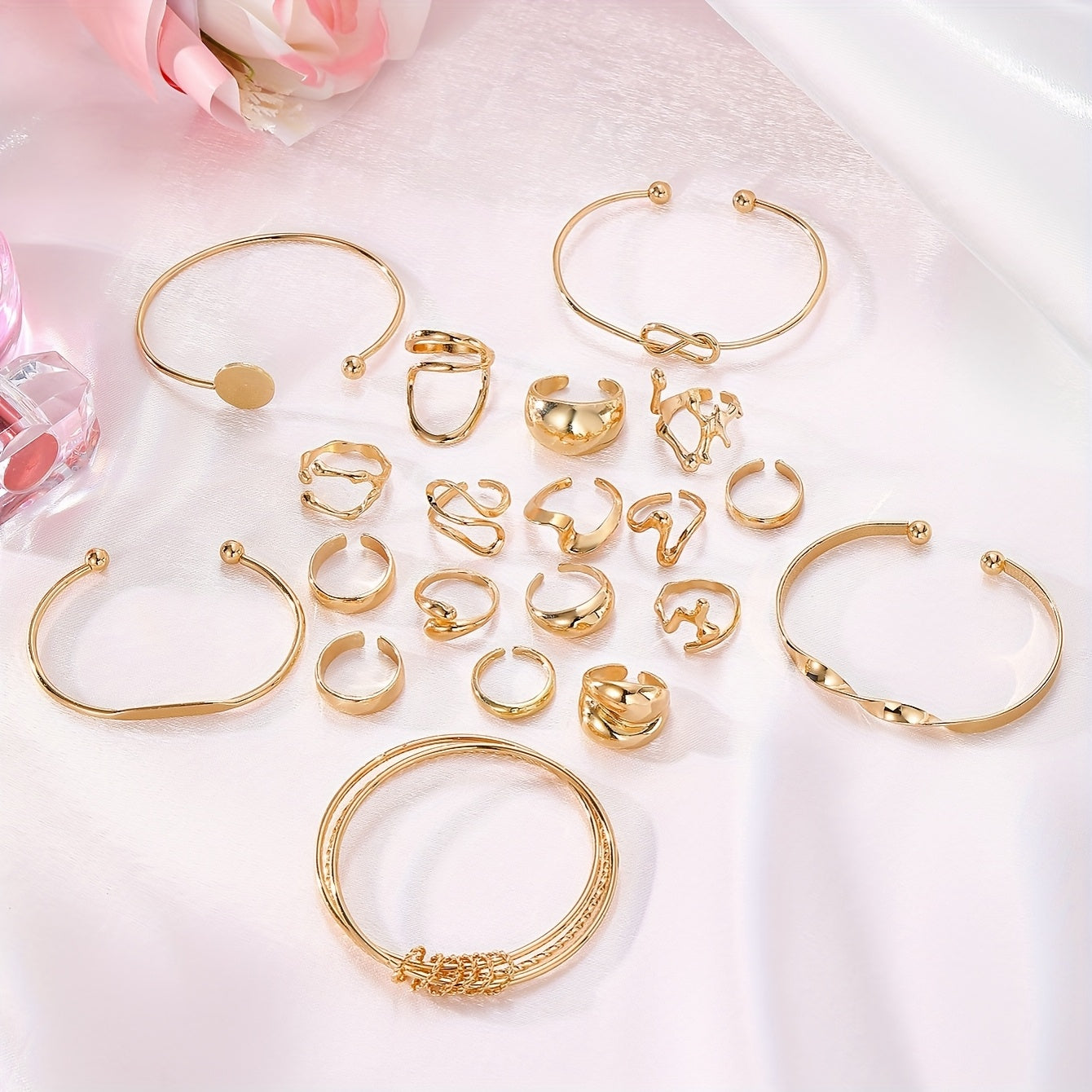 20pcs Set (5 Bracelets + 15 Rings) Jewelry Kit with Irregular Shaped Rings and Stylish Open-End Bracelets