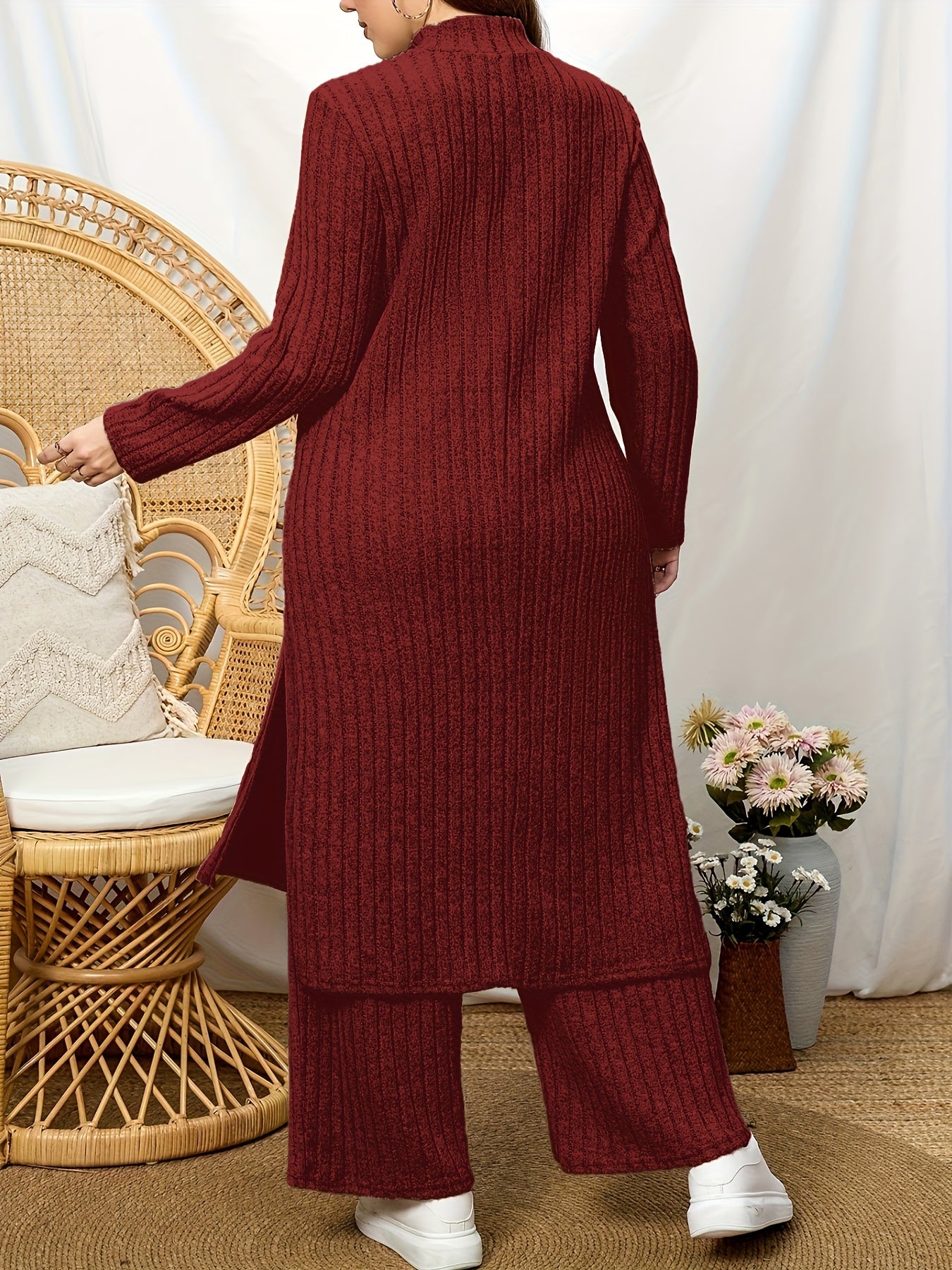 High Neck Ribbed Top + Pants Casual Set