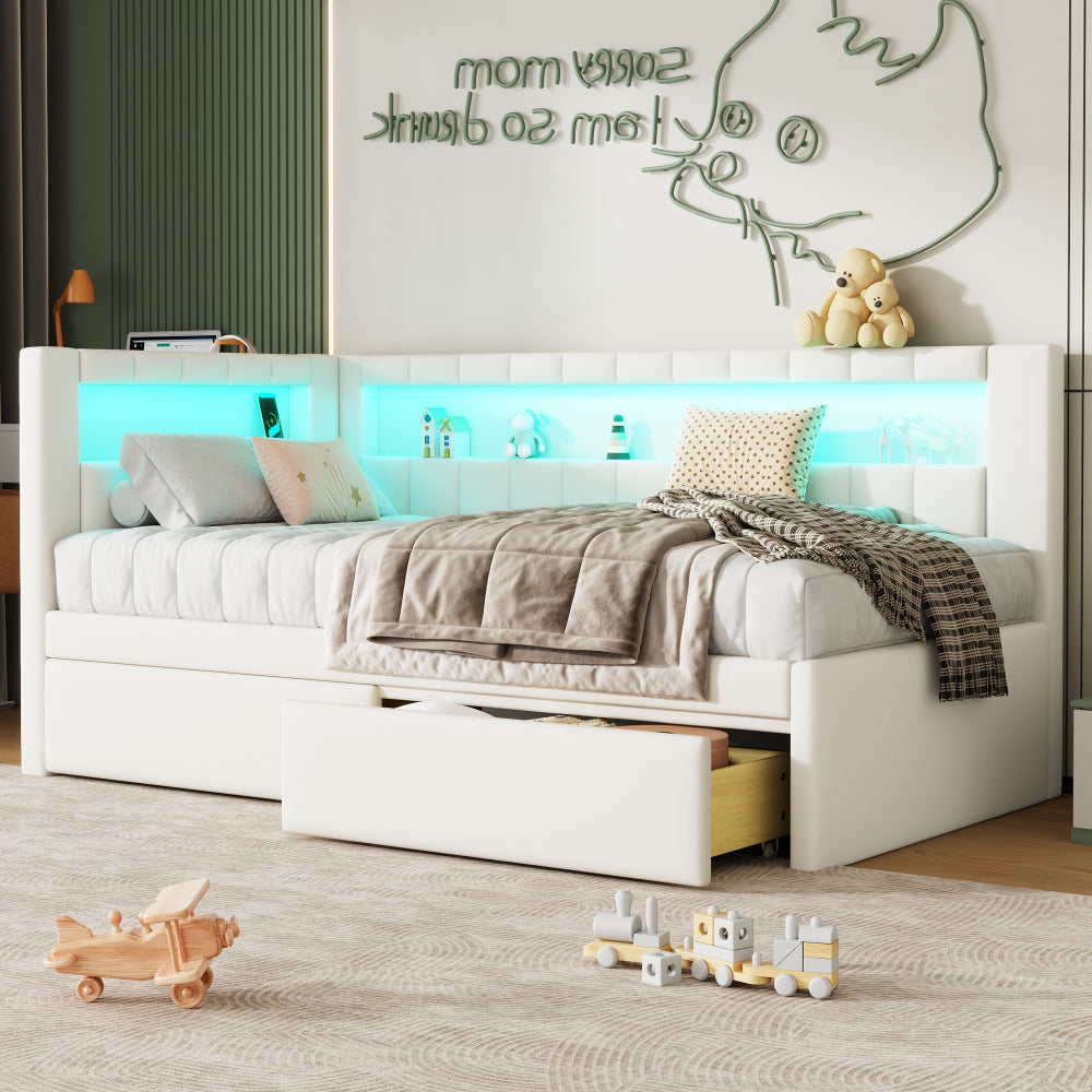 Modern White Upholstered Twin Size Platform Bed with USB Ports & RGB LED