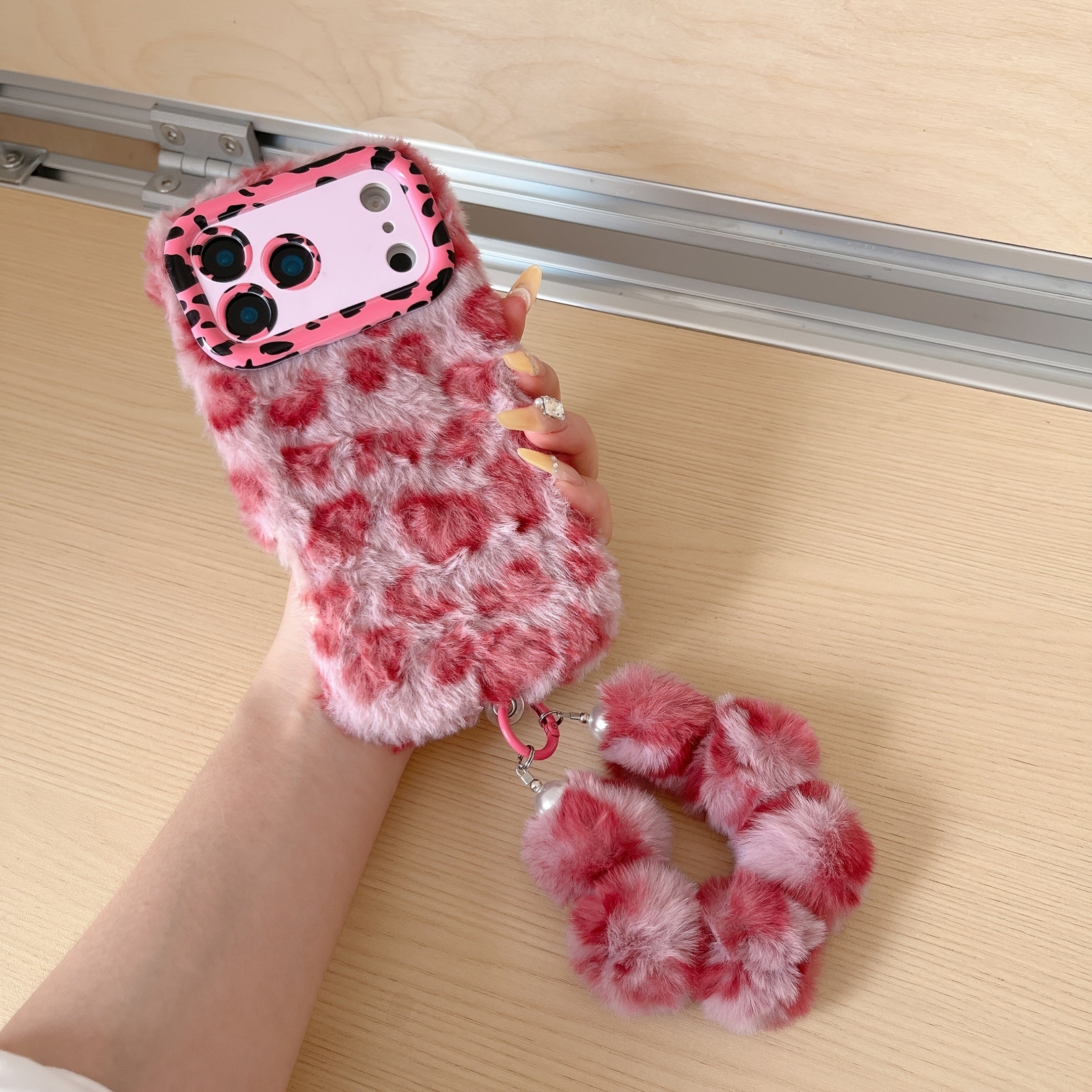 Fluffy Leopard Print iPhone Case with a Wrist Strap