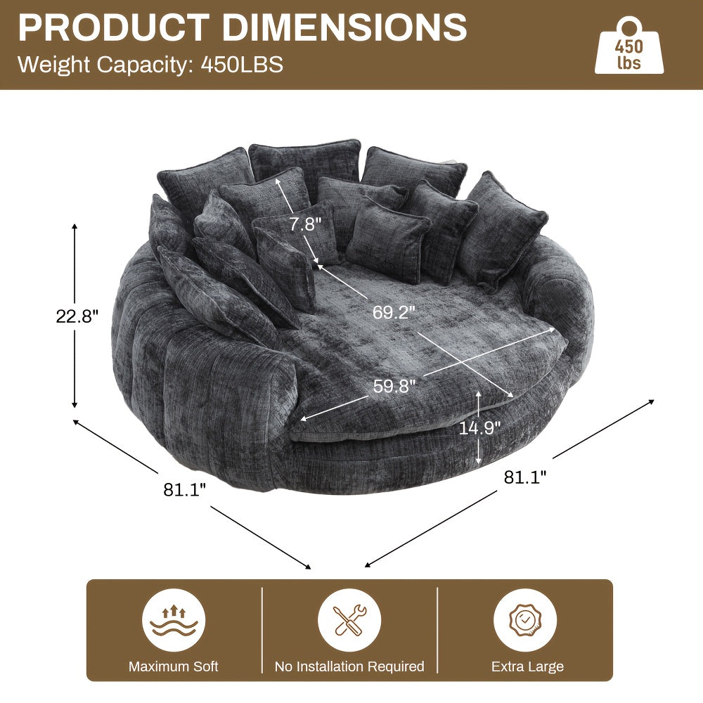 81" Upholstered Chenille Round Sofa Bed with Plush Fluffy Cushion