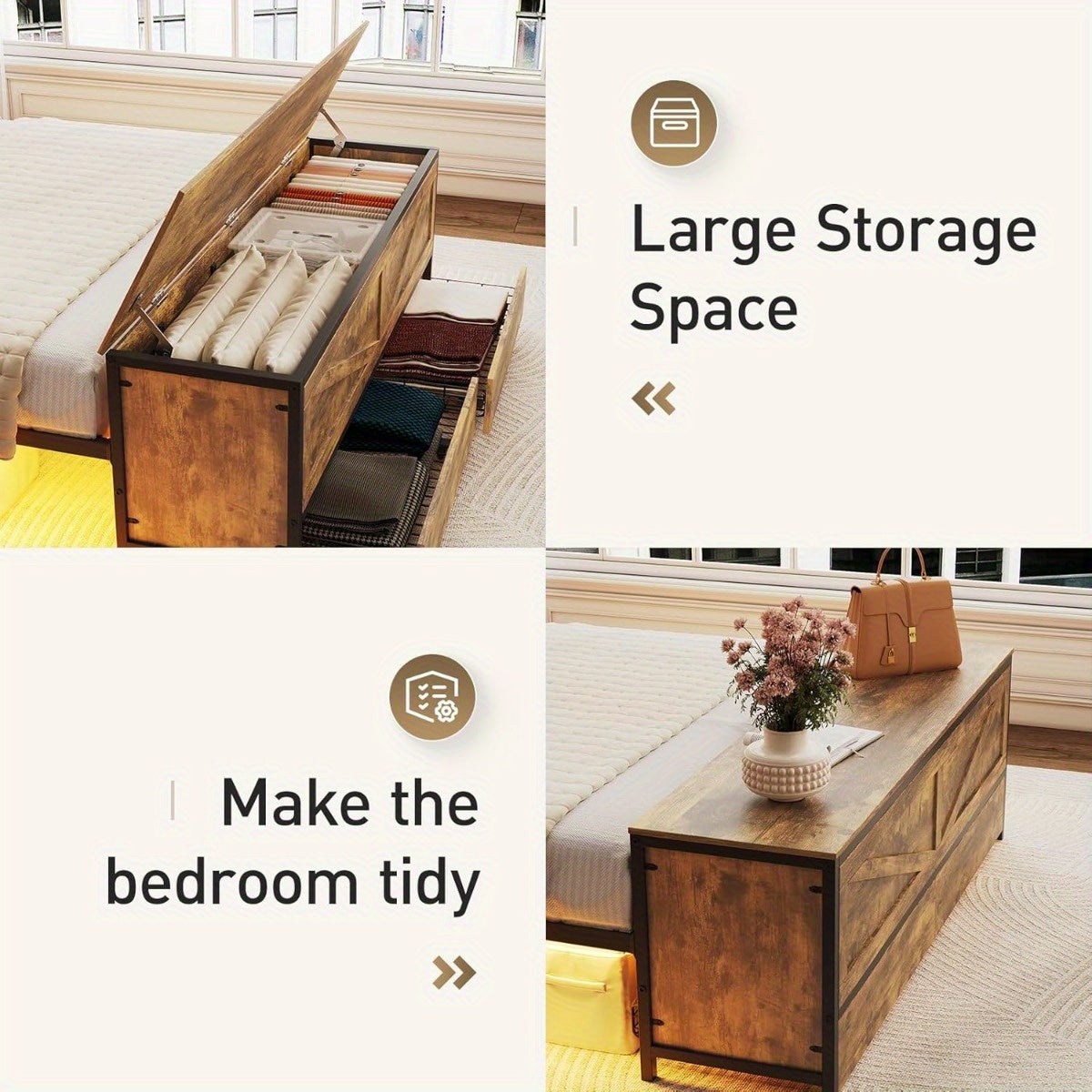 Industrial Metal Bed Frame with Heavy Duty Steel Pipe Design - Vintage Rustic Finish & Noise-Free Support, No Box Spring Needed