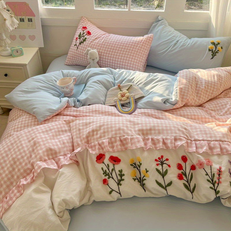Pink Checkered + 3D Floral Embroidery Duvet Cover Set (1 Duvet Cover + 2 Pillowcases)