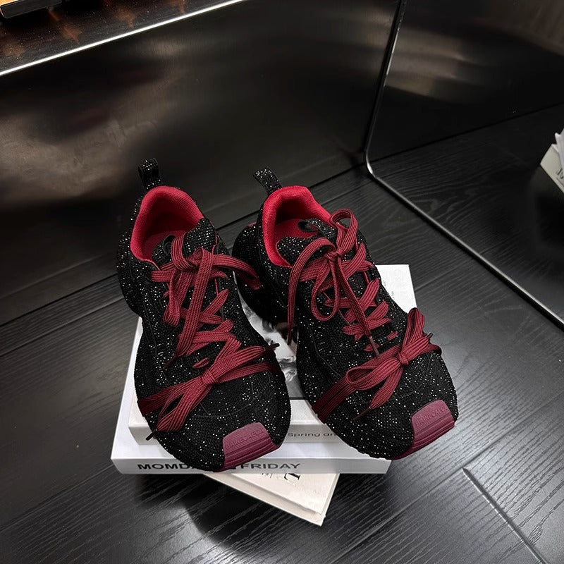 Rhinestone-Adorned Thick-Soled Dad Sneakers