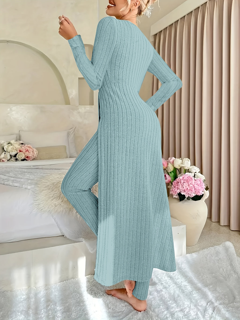Two-piece Set of Ribbed Long-sleeved Top and Pants