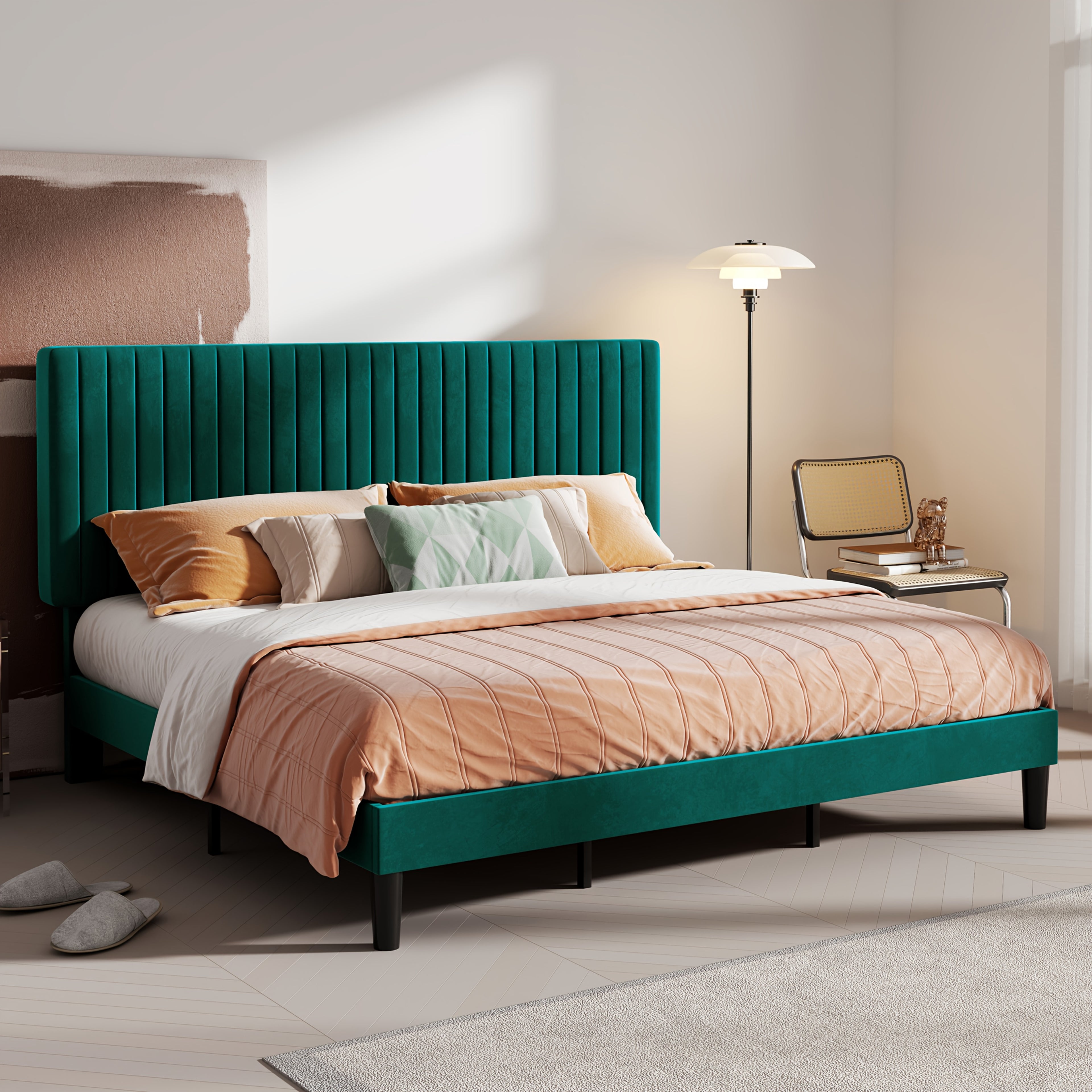 Modern Velvet Upholstered Bed Frame with Adjustable Headboard