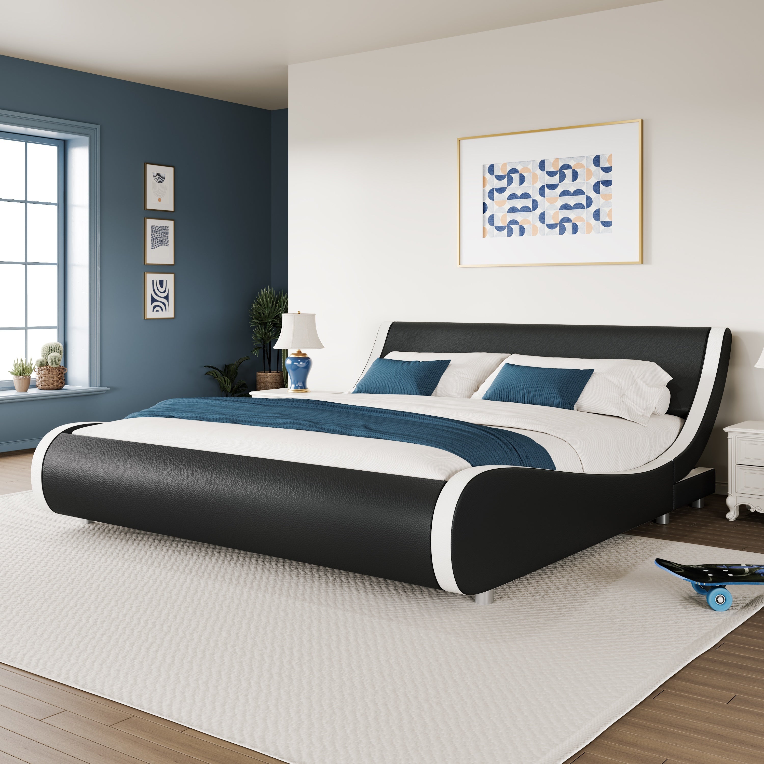 WEEWAY Modern Upholstered Platform Bed Frame, Faux Leather Sleigh Bed With Adjustable Headboard, Strong Wood Slats Support, No Box Spring Needed