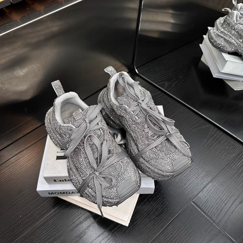 Rhinestone-Adorned Thick-Soled Dad Sneakers