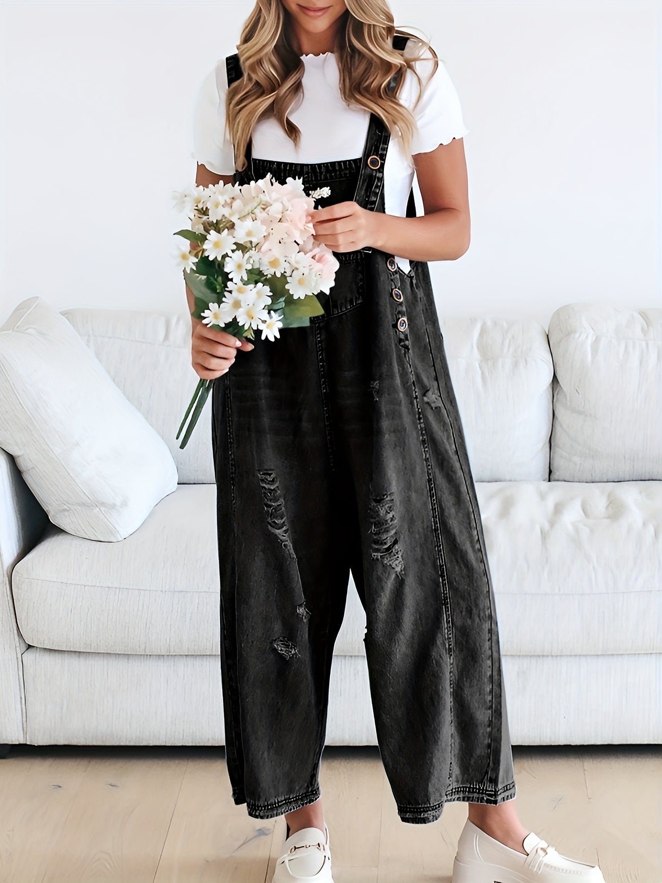 Distressed Denim Overalls