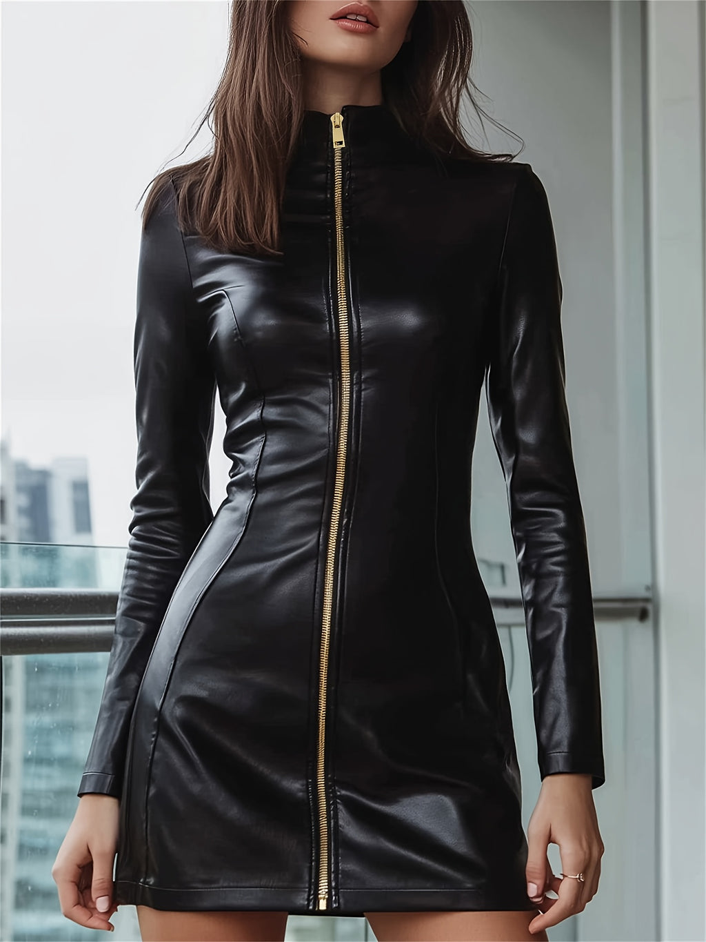 PU Long-Sleeve Dress with a Stand Collar