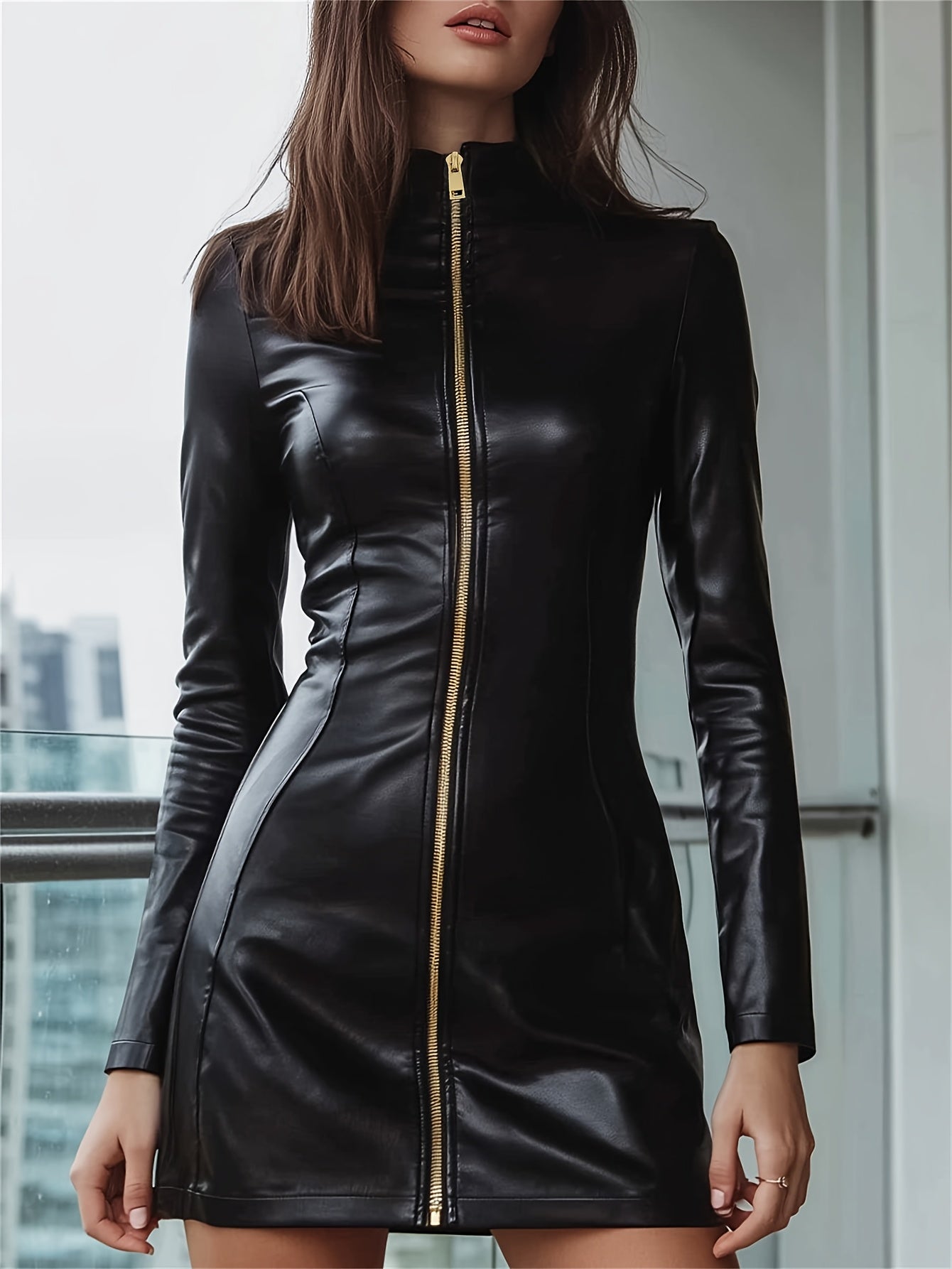 PU Long-Sleeve Dress with a Stand Collar