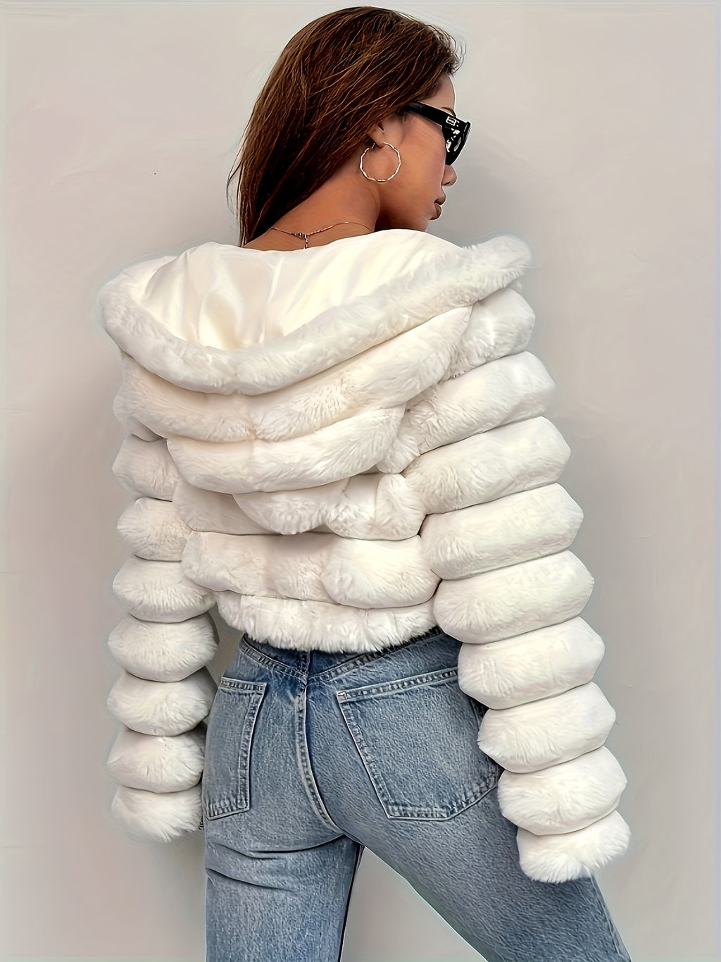 Women'S Elegant White Faux Fur Hooded Jacket - Zip-Up Mid-Length Winter Coat with Puffy Sleeves, Perfect for Fall & Winter, Stylish Layering Piece, Winter Coat