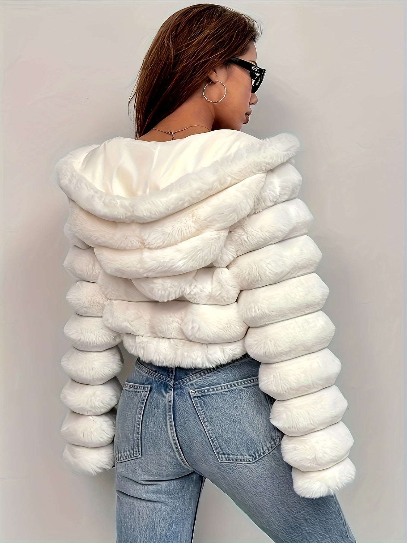 Women'S Elegant White Faux Fur Hooded Jacket - Zip-Up Mid-Length Winter Coat with Puffy Sleeves, Perfect for Fall & Winter, Stylish Layering Piece, Winter Coat