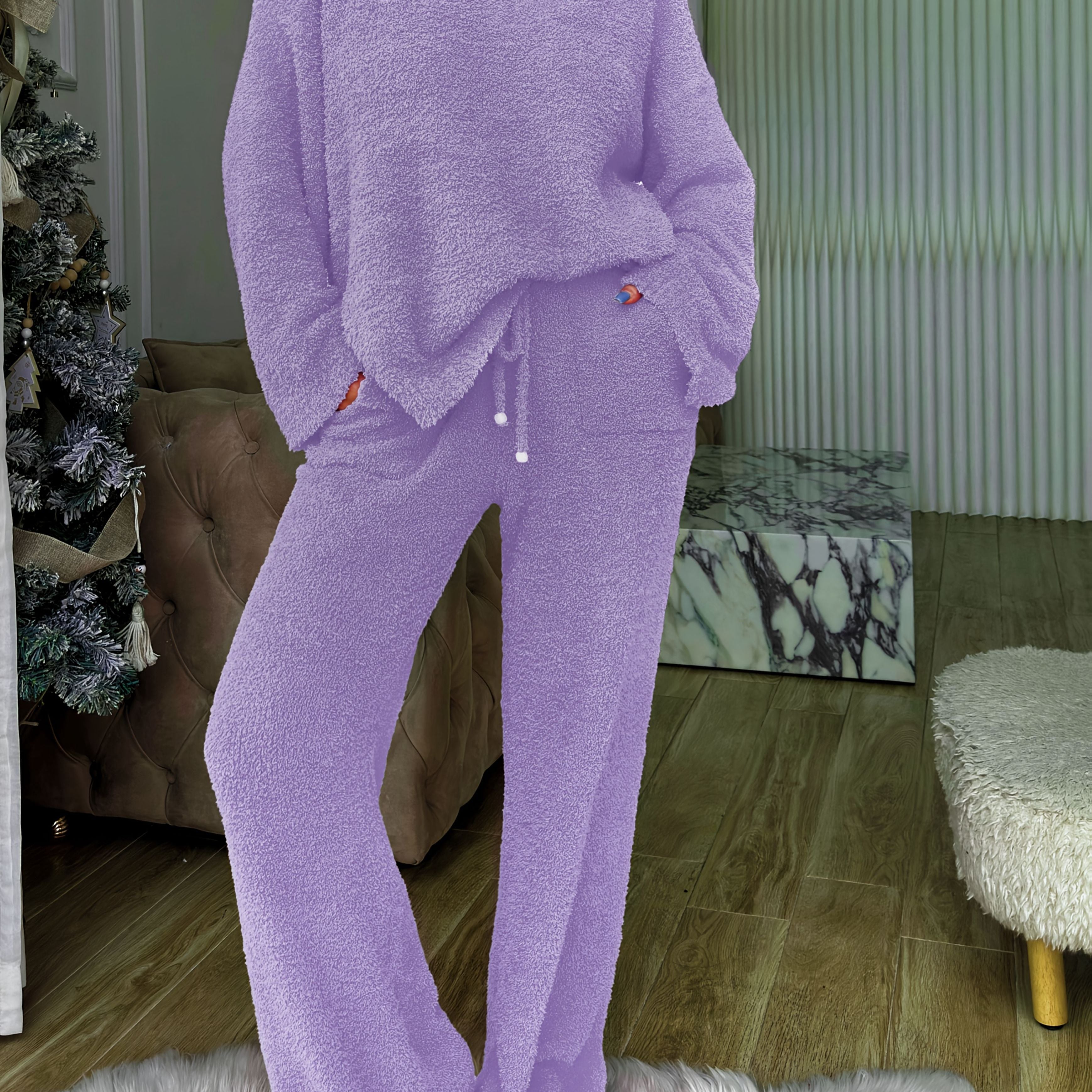 Solid Color V-Neck Short Front Long Back Soft Fleece Pajama Set