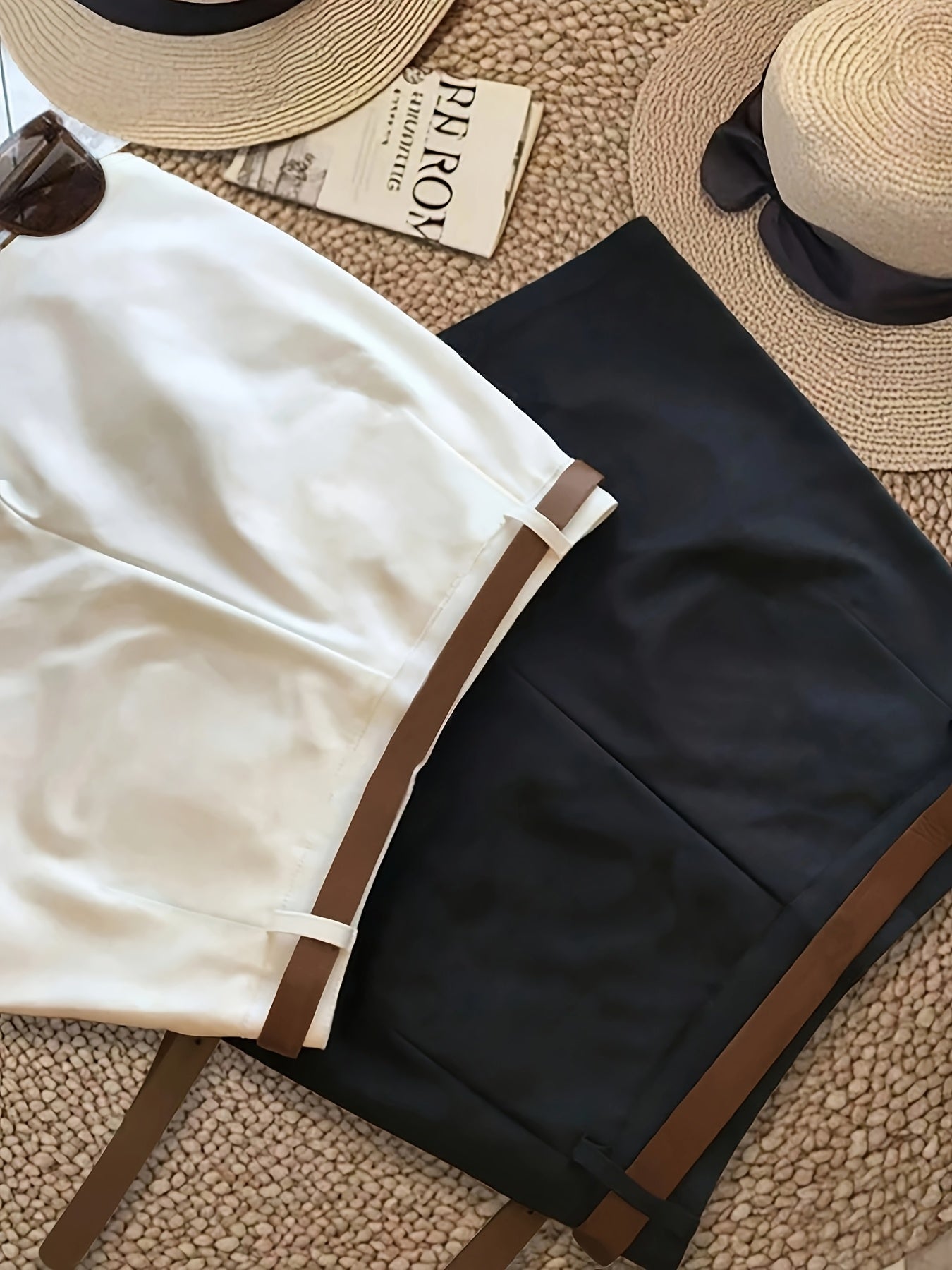 Women'S Elegant Three-Piece Set - Solid Color Shorts with Zipper Pockets, All-Season Casual & Formal Wear, Beige/Black/Brown, Comfortable Fabric