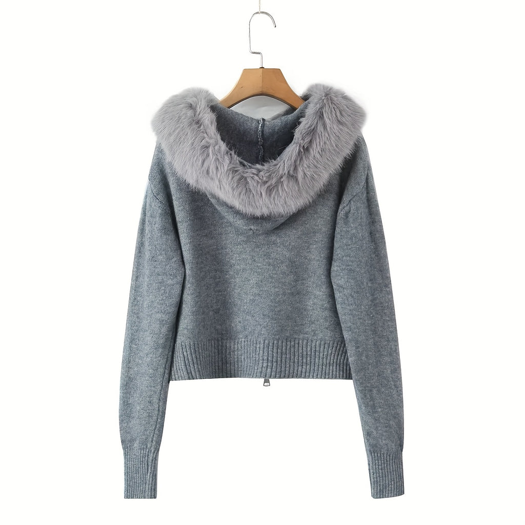 Hooded Zip-Up Cardigan with Faux Fur Trim