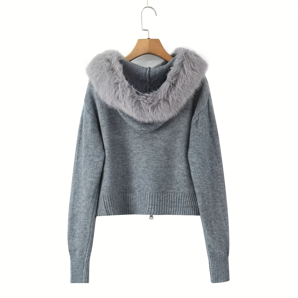 Hooded Zip-Up Cardigan with Faux Fur Trim