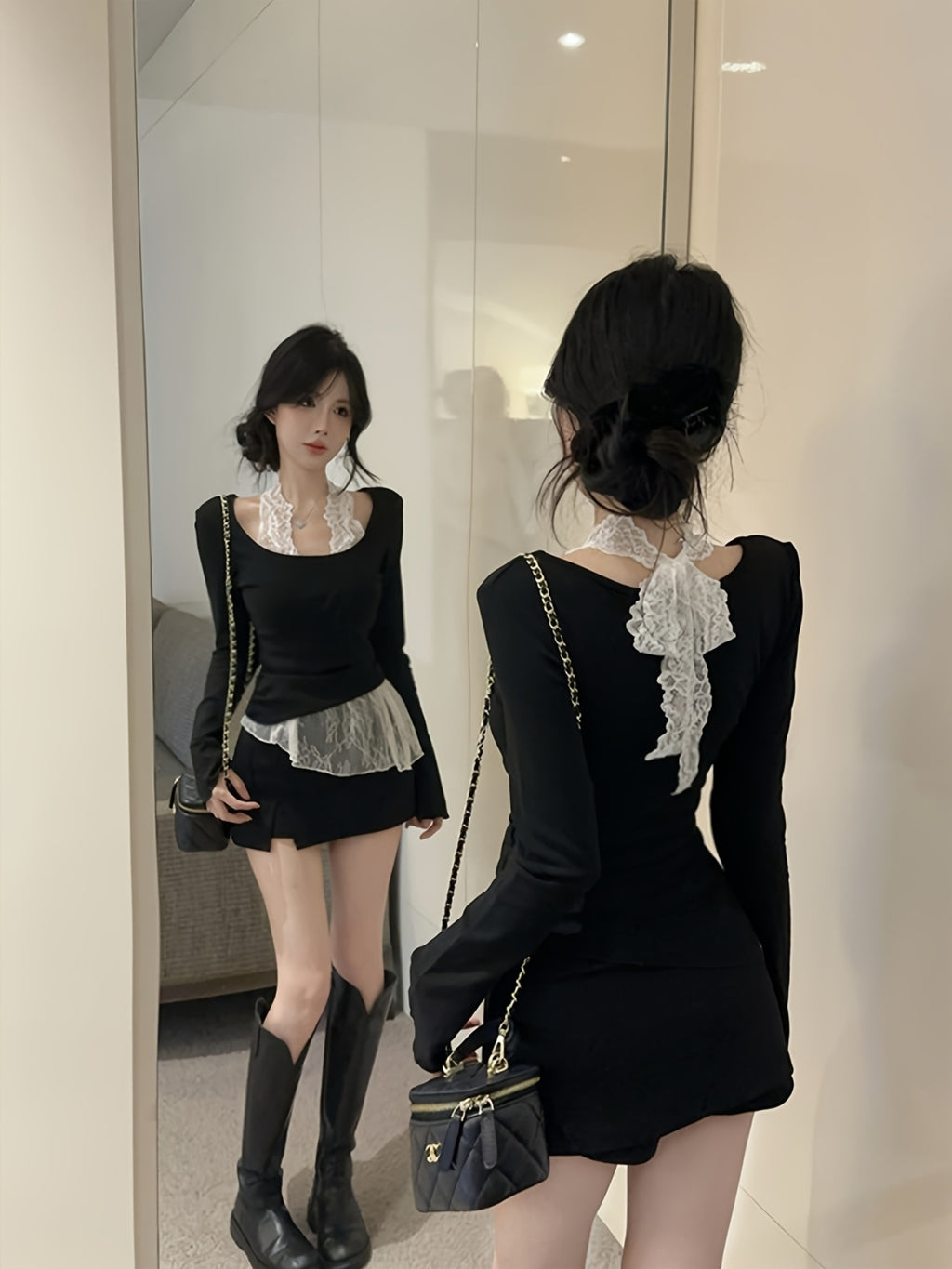 Lace Turtleneck Long-Sleeve Top