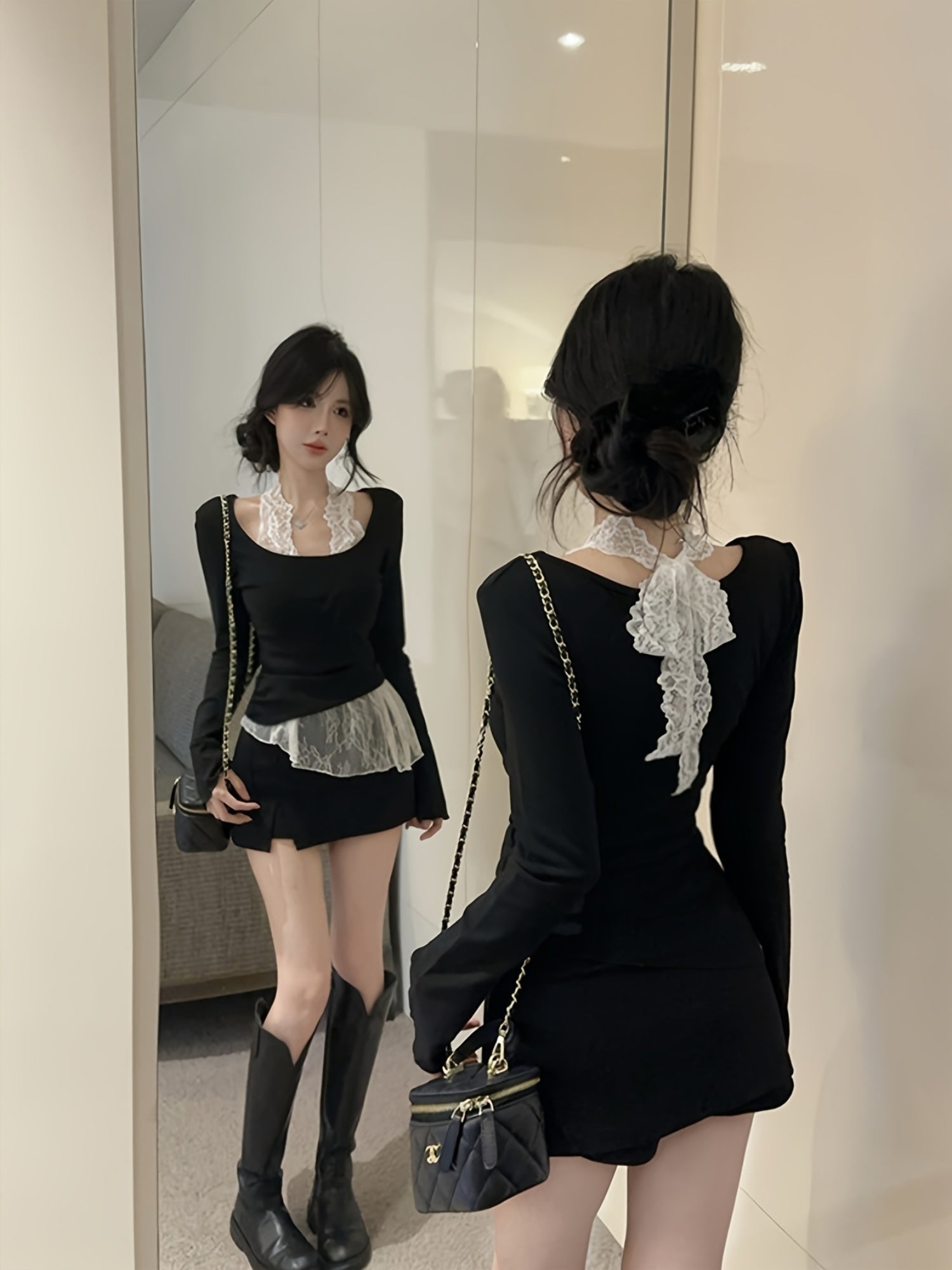 Lace Turtleneck Long-Sleeve Top