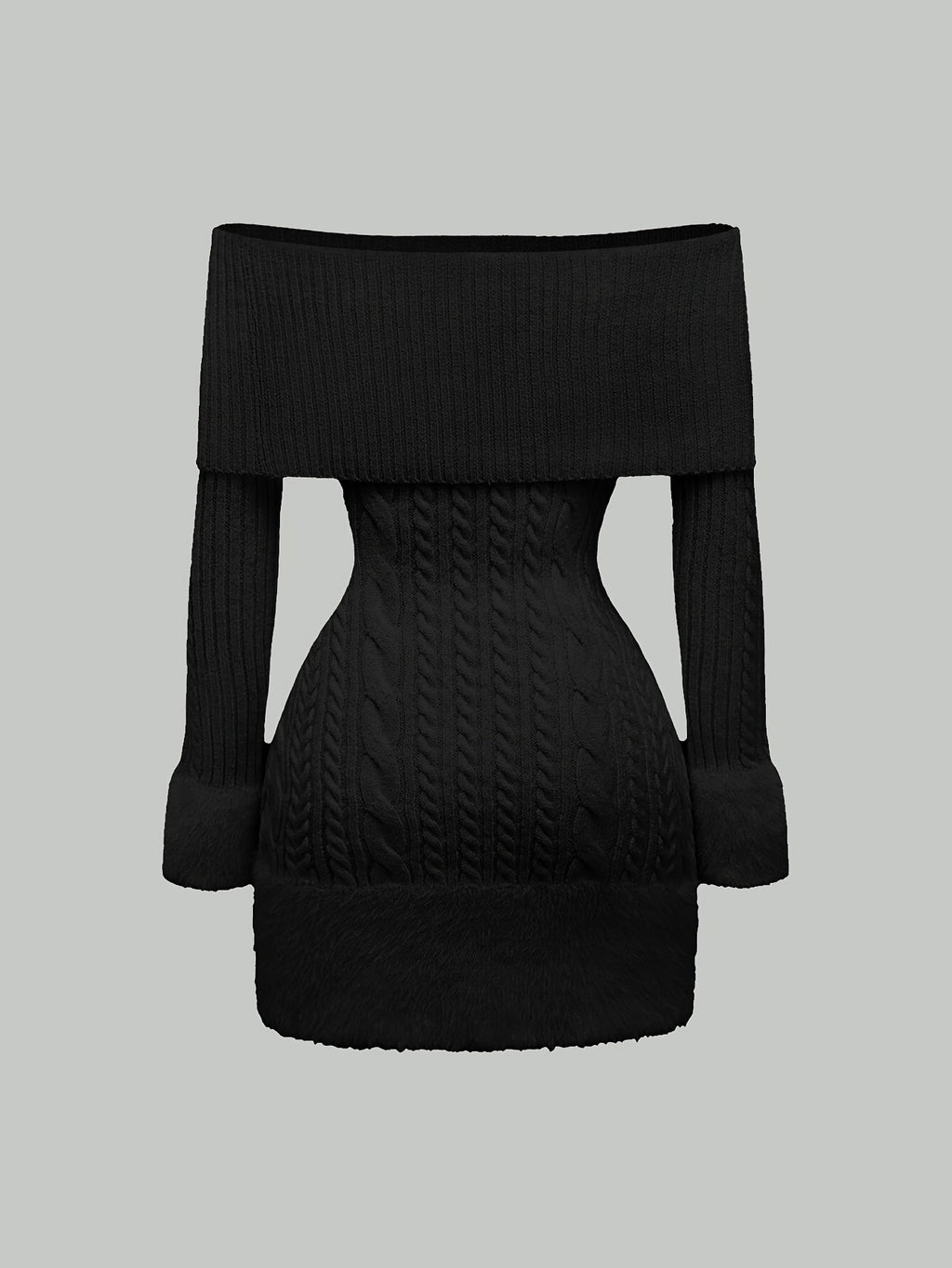 Women's Elegant Off-Shoulder Plush Ball Pendant Sweater Dress - Mid-Length Ribbed Party Dress with Adjustable Lace-Up Back, Fluffy Cuffs & Pompom Details for New Year, Valentine's Day, Special Occasions (Machine Washable), Dr