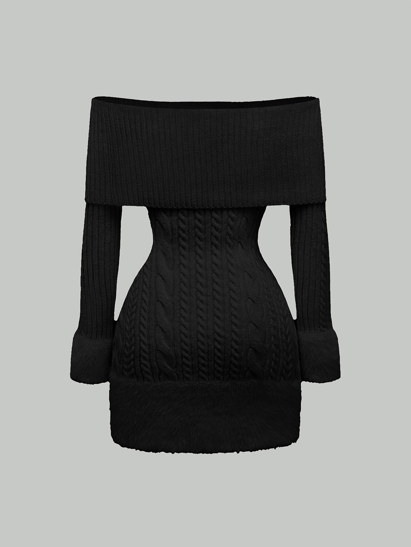 Women's Elegant Off-Shoulder Plush Ball Pendant Sweater Dress - Mid-Length Ribbed Party Dress with Adjustable Lace-Up Back, Fluffy Cuffs & Pompom Details for New Year, Valentine's Day, Special Occasions (Machine Washable), Dr