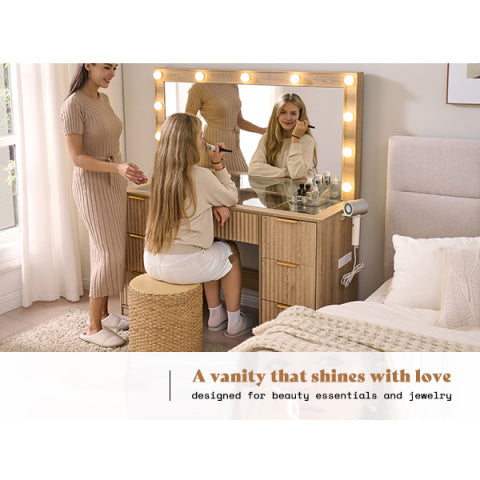 Fluted Vanity Desk With Large Mirror