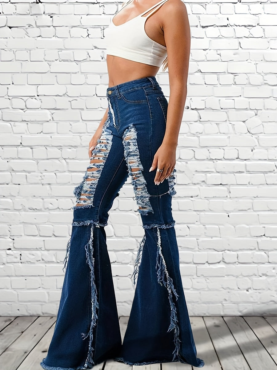 High-Waisted Fringed Ripped Jeans with Irregular Edges & Slim Fit Flared Bell-Bottoms