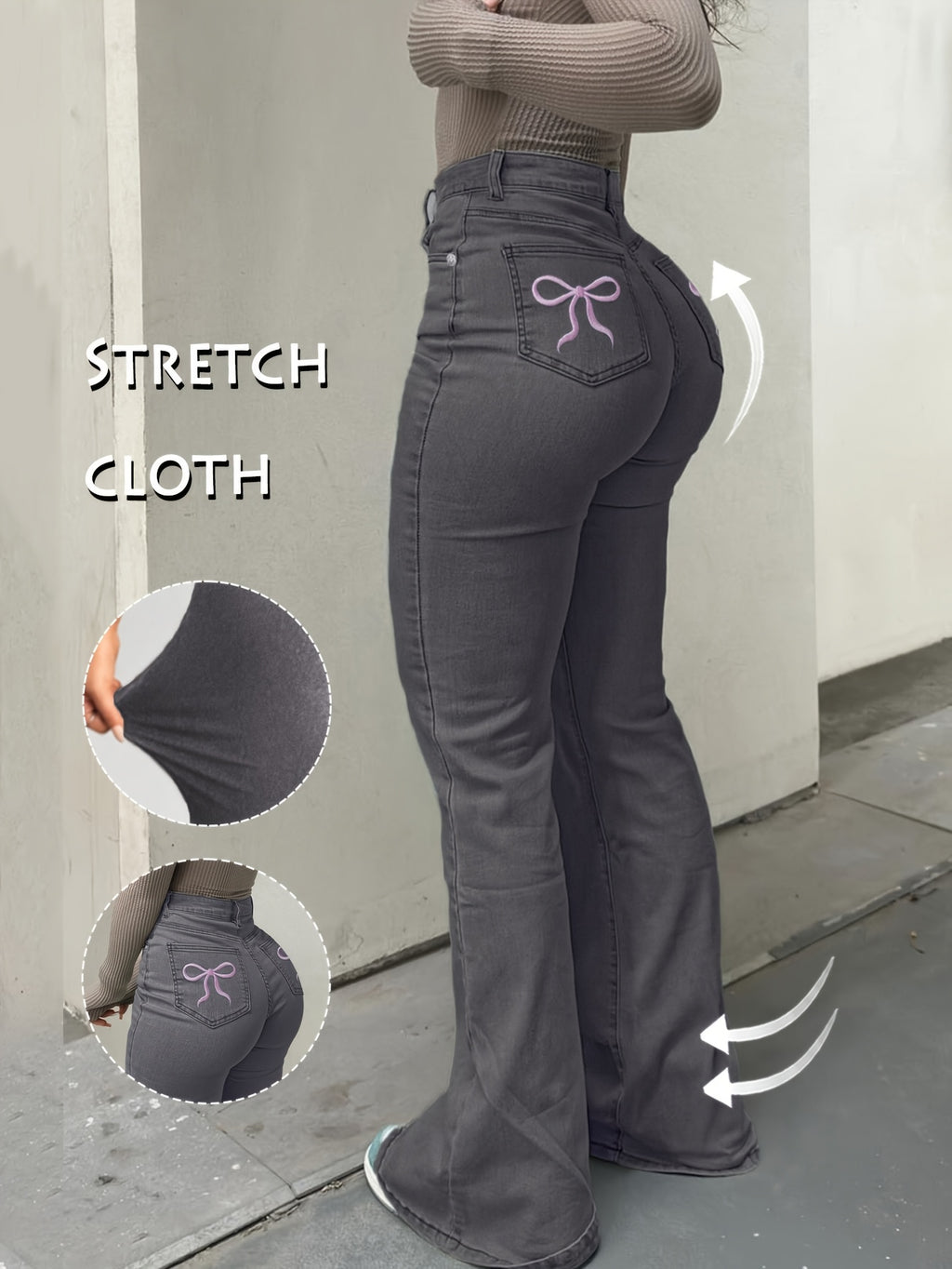 Women'S High-Waisted Stretch Denim Flare Jeans with Embroidered Bow Detail, Street Style Casual Pants, All-Season Comfort, Blue, High Waisted Jeans, Comfortable Fashion, Durable Fabric