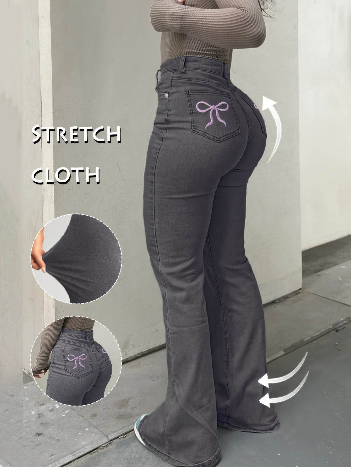 Women'S High-Waisted Stretch Denim Flare Jeans with Embroidered Bow Detail, Street Style Casual Pants, All-Season Comfort, Blue, High Waisted Jeans, Comfortable Fashion, Durable Fabric