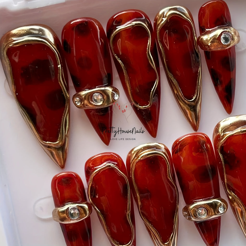 10pcs Full Coverage Nail Stickers - Long Almond Shape, Red Ombre with Metallic Accents