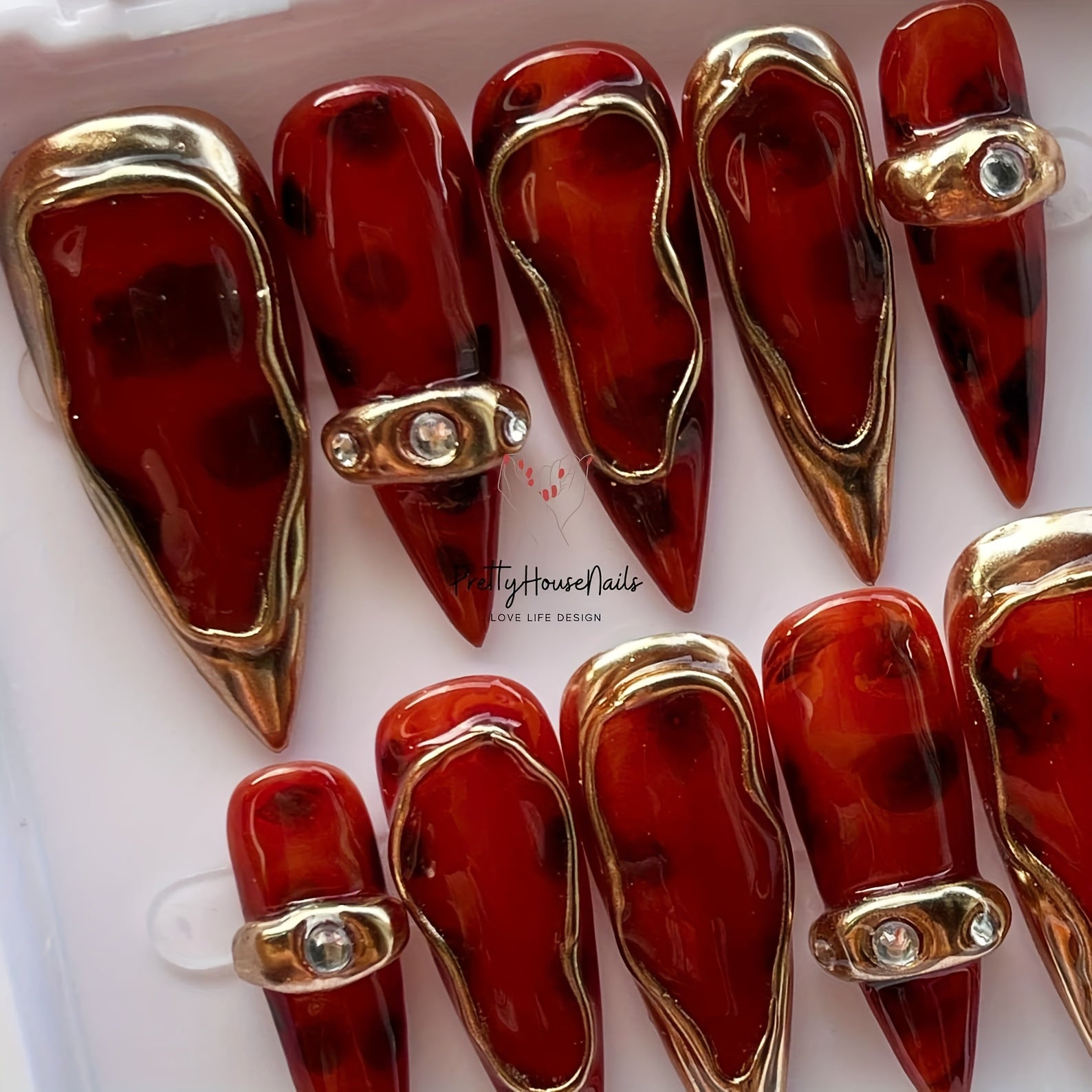 10pcs Full Coverage Nail Stickers - Long Almond Shape, Red Ombre with Metallic Accents