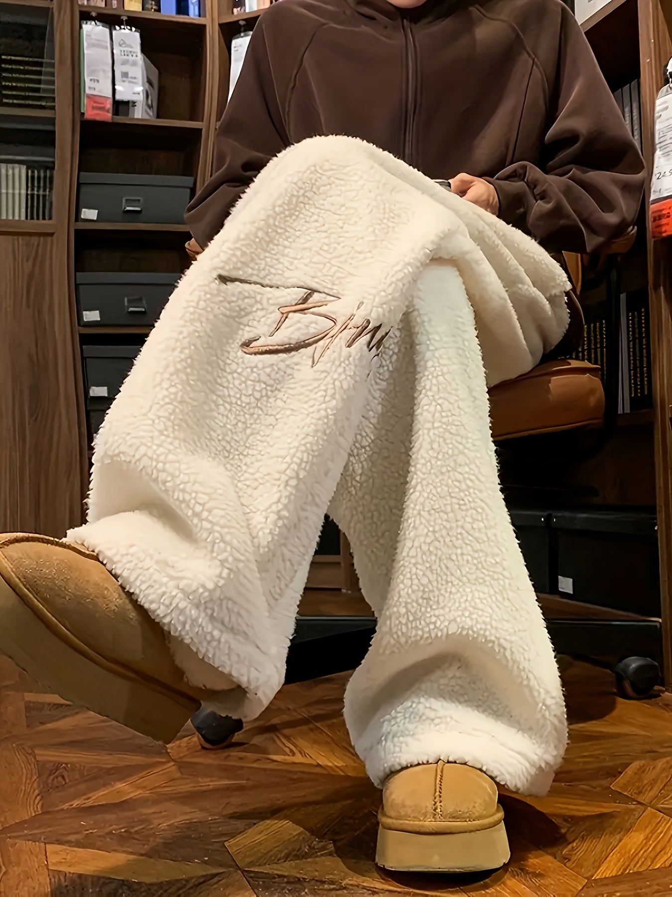 Fleece-Lined Embroidered Casual Pants