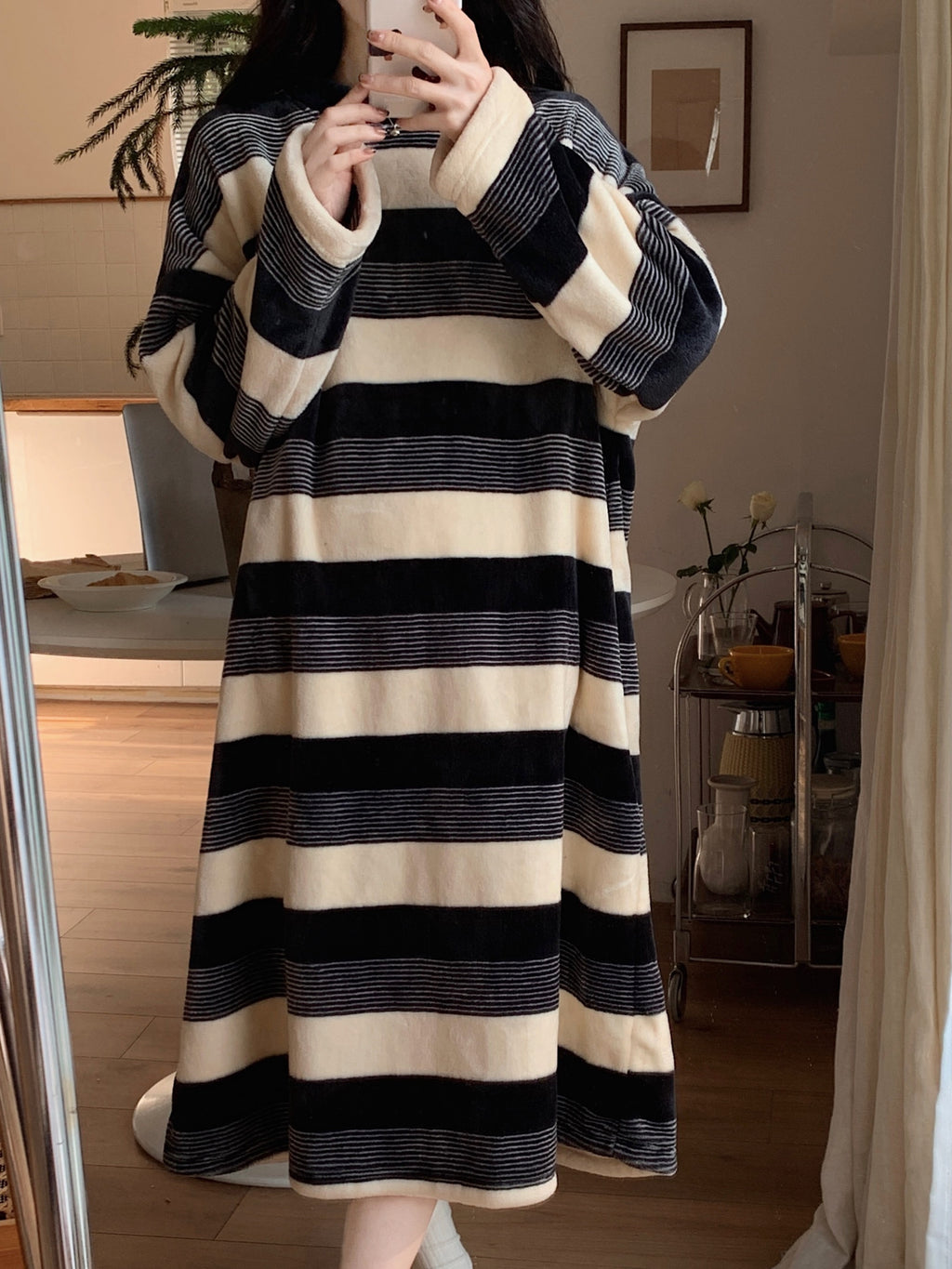 Stripe Print Casual Fleece Sleepwear Dress