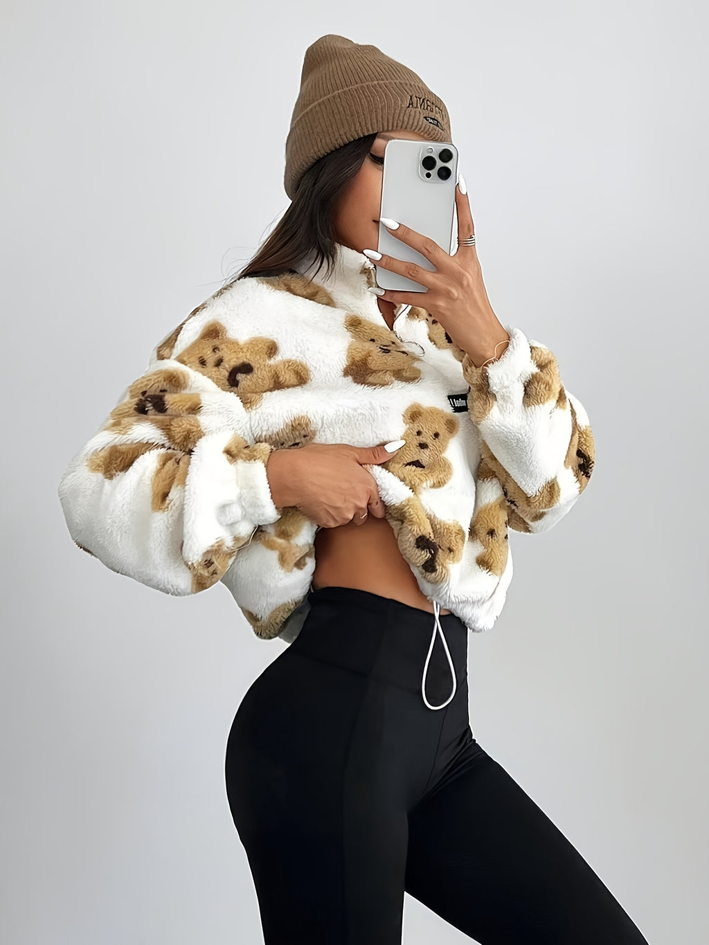 Women's Plush Teddy Bear Zipper Sweater - Cozy Plush Sweater with Half-Zip Front, & Brown Teddy Bear Design, All-Season Casual Winter Sweater for Women (Machine Washable) - Soft Long Sleeve Sweater for Layering & Standalone W