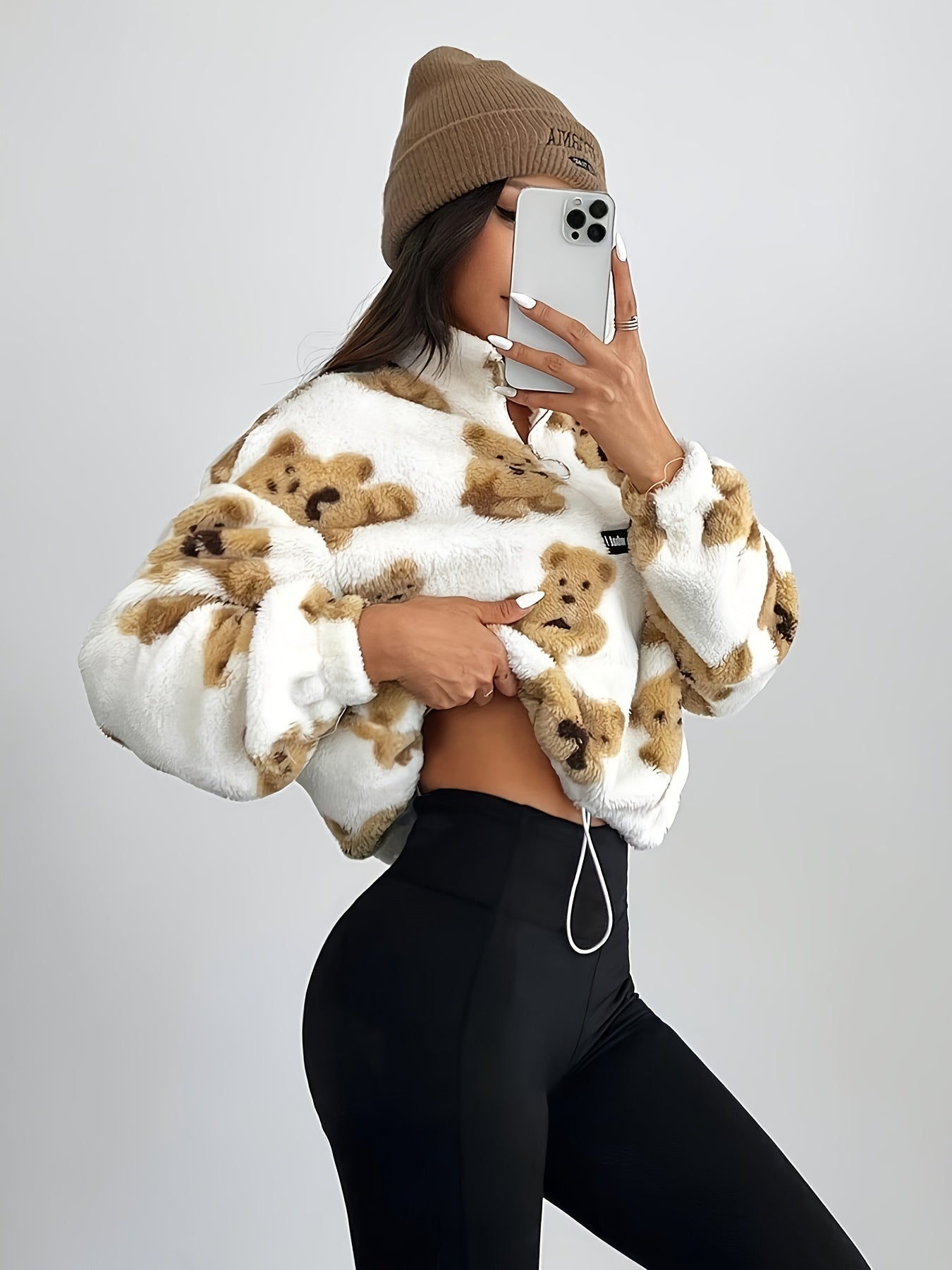 Women's Plush Teddy Bear Zipper Sweater - Cozy Plush Sweater with Half-Zip Front, & Brown Teddy Bear Design, All-Season Casual Winter Sweater for Women (Machine Washable) - Soft Long Sleeve Sweater for Layering & Standalone W