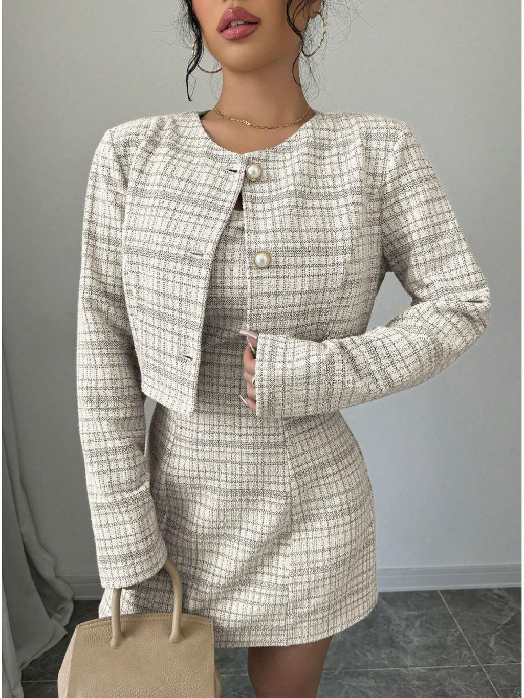 Women'S Fall/Winter Fashionable Elegant Dress Two- Piece Set- Single- Breasted Short Coat+ French Retro Tweed Dress