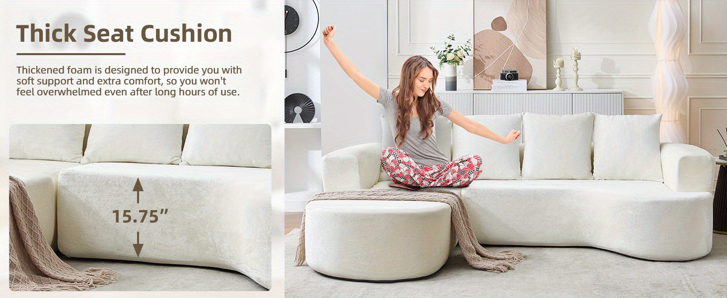 100'' Modern Curved Sofa Couch With Chaise And 4 Pillows