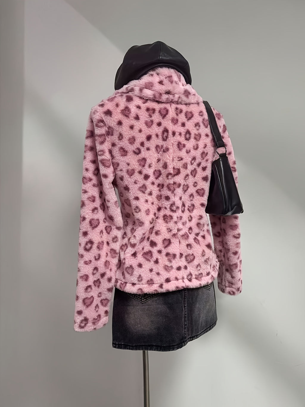 Women's Retro 80s Inspired Pink & Black Leopard Print Lapel Collar Blazer Jacket - Faux Fur Trim, Structured Lapel Collar, Machine Washable All-Season Outerwear with Faux Fur Hem & Trim, Elegant A-Line Silhouette for Layering