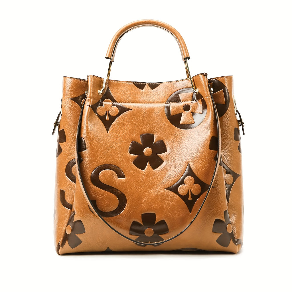 Floral Embossed Synthetic Leather Satchel Handbag