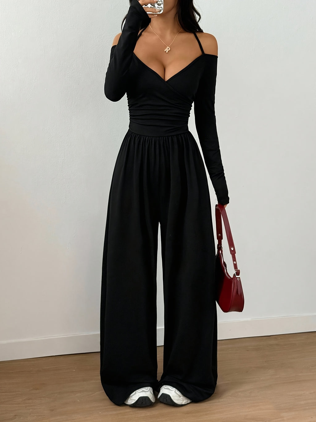 Off-Shoulder V-Neck Jumpsuit with Ruched Wide Legs